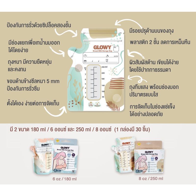 GLOWY Breast Milk Storage Bag ถุงเก็บน้ำนมแม่ โกลวี่ มาตรฐาน US FDA/Europe ขนาด 6 oz/ 8 oz **30 ถุงต่อกล่อง**