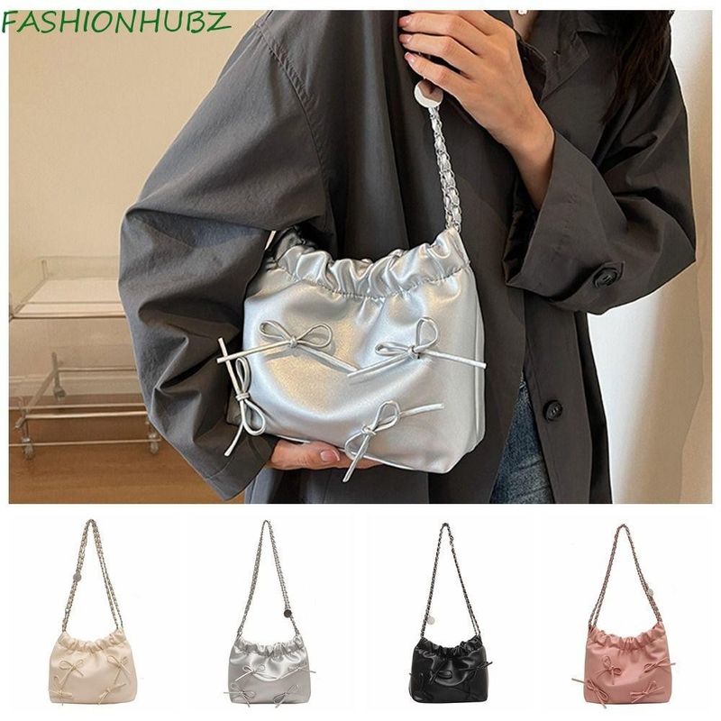 Fashionhubz กระเป๋าสะพายไหล่ หนัง PU ทรงบักเก็ต ประดับโบว์ ขนาดใหญ่ จุของได้เยอะ สไตล์เกาหลี สําหรับผู้หญิง