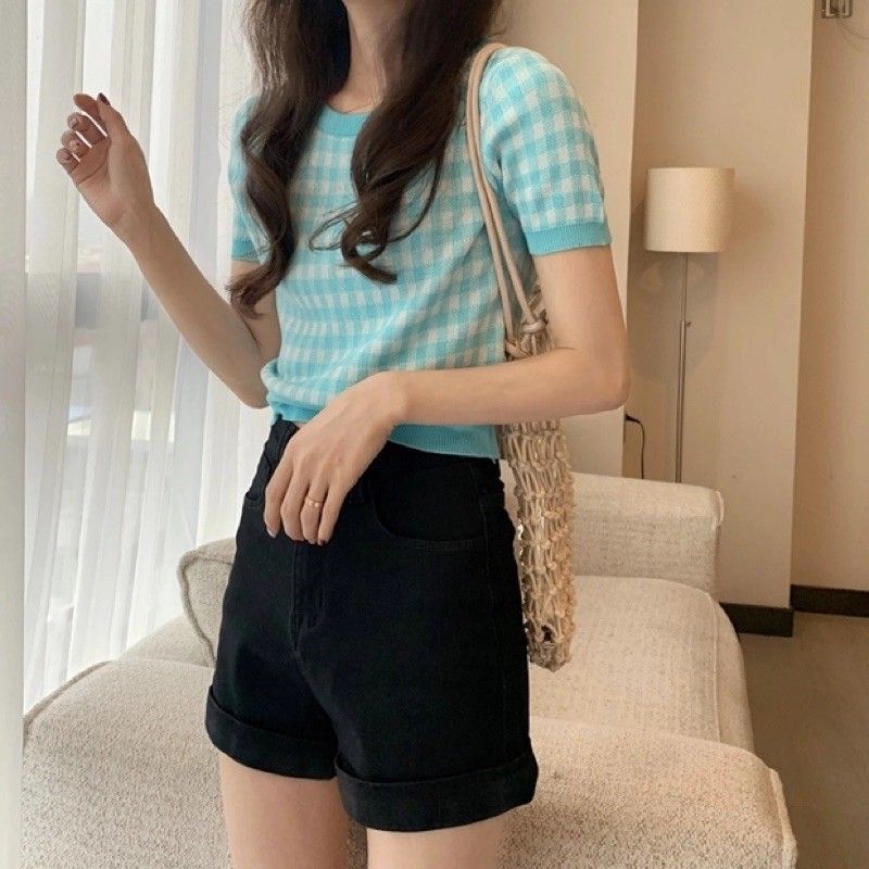 OFF SHOP พร้อมส่ง (OFF-5549-2) เสื้อไหมพรมคอกลมแขนสั้น จั้มเอวลายตารางน่ารักน่ารัก