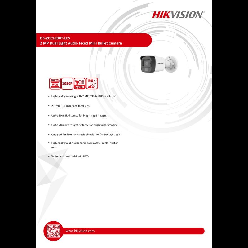 HIKVISION กล้องวงจรปิด 2MP Dual Light Audio Fixed Mini Bullet Camera มีไมค์ในตัว รุ่น DS-2CE16D0T-LFS BY N.T Computer