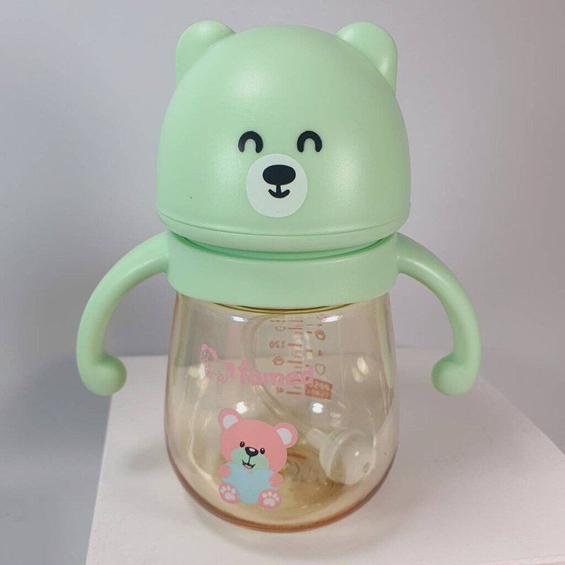 ขวดนม ขวดนมสีชา PPSU famed little bear ขวดนมคอกว้าง ขวดนมเด็ก 8ออนซ์ พร้อมแขนจับ และจุกนม