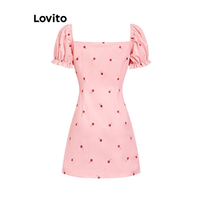 Lovito ชุดเดรสผู้หญิง แต่งโบว์หน้า ลายดอกไม้ สไตล์น่ารัก L73AD068