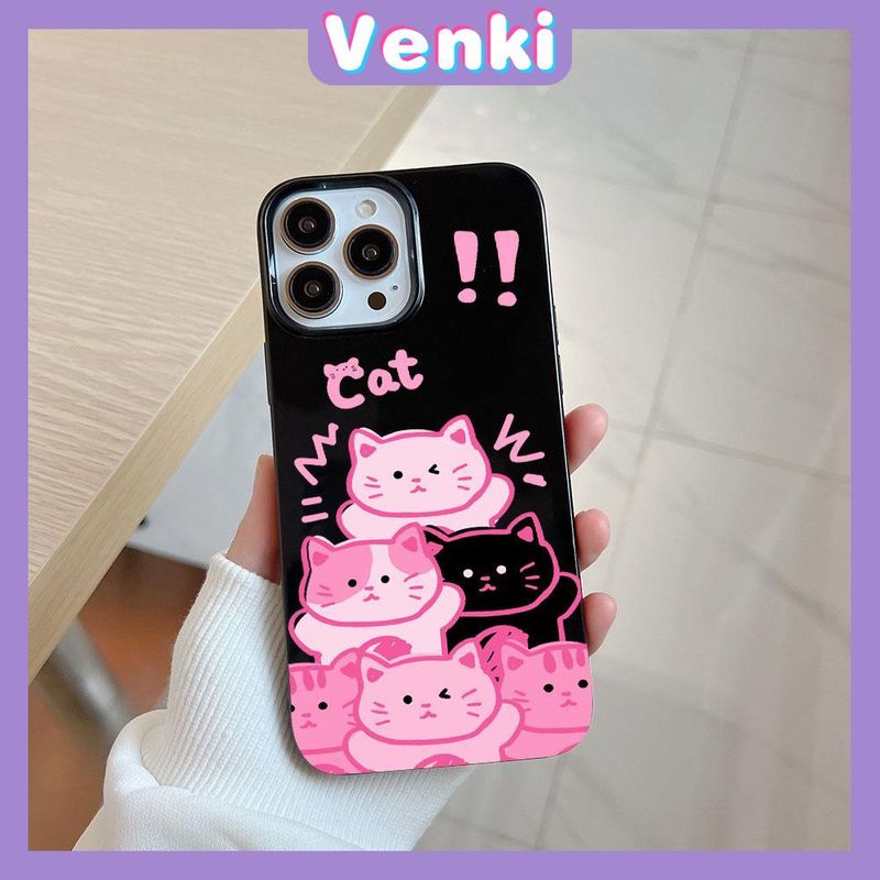 VENKI - สำหรับ iPhone 11 Soft TPU เคสลูกกวาดสีดำเงาน่ารักการ์ตูนแมวสีชมพูป้องกันกล้องกันกระแทกสำหรับ iPhone 14 13 12 11 Pro Max 7 8 Plus X XR