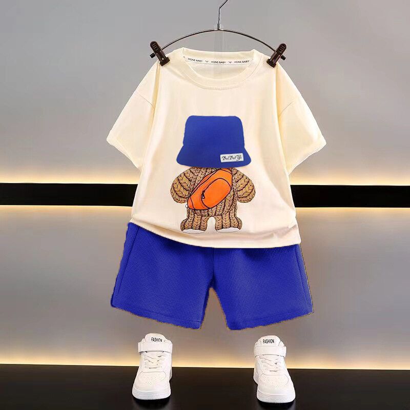 New Childrens Clothing Summer Childrens Casual Suit Loose Breathable Clothes Boys and Girls Short-sleeved Waffles Baby Suit