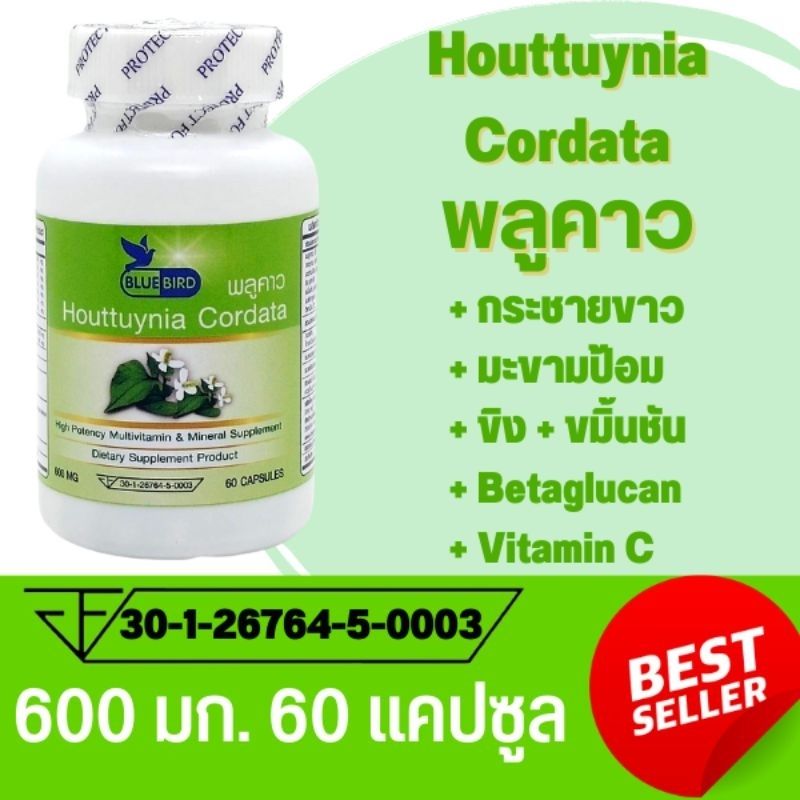 พลูคาว คาวตอง Cordata ตรา บลูเบิร์ด ขนาด 600 มก. 60 แคปซูล