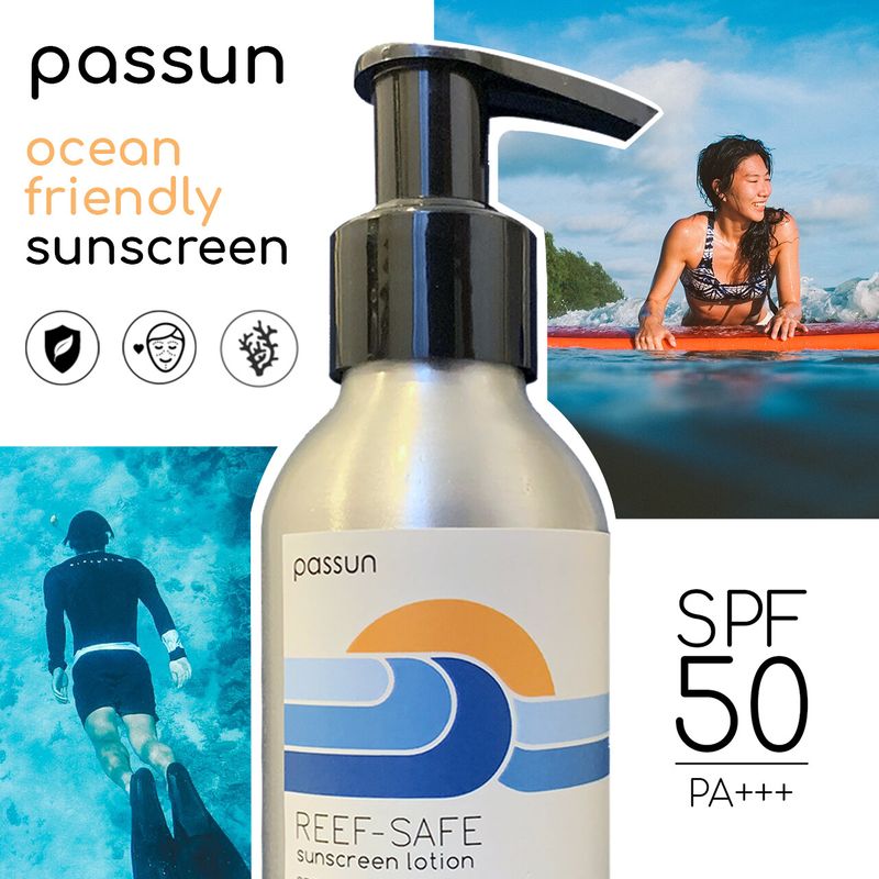 ครีมกันแดดที่รักทะเล PASSUN Reef-Safe Sunscreen Lotion SPF50 PA+++ (face and body) ครีมกันแดดกันน้ำ  ครีมกันแดด Passun  ครีมกันแดดไม่ทำร้ายปะการัง  ไปทะเล ดำน้ำ