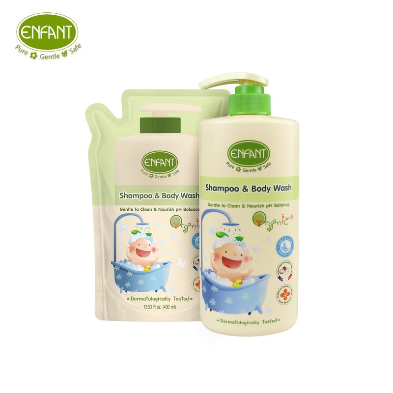 ENFANT (อองฟองต์) Organic Plus Shampoo & Body Wash แชมพูและอาบน้ำในขวดเดียว เนื้อเจล ใช้ได้ตั้งแต่เด็กแรกเกิด เซ็ตสุดคุ้ม ชนิดขวด + รีฟิลชนิดถุง