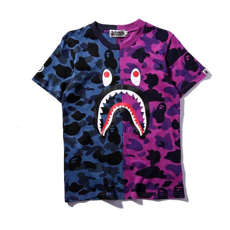 BAPE ผู้ชายเสื้อยืด SHARK เย็บลวงตาเสื้อยืด Casual Tops เสื้อผ้า