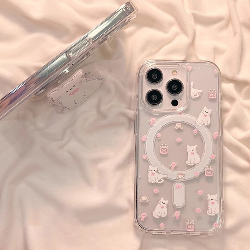 เคสโทรศัพท์แม่เหล็กรูปแมวน่ารักสำหรับ iPhone 11 15 14 13 12 Pro Max 7Plus 8 Plus XR XS X เคสแบบนิ่มพร้อมเคสซิลิโคนใส