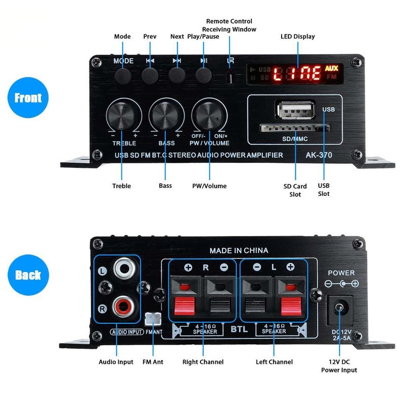 AK370/AK170 แอมป์จิ๋ว เครื่องขยายเสียง สเตอริโอHIFI เครื่องเสียงรถยนต์ซับวูฟเฟอร์แอมป์สเตอริโอ Amplifier USB/SD/AUX