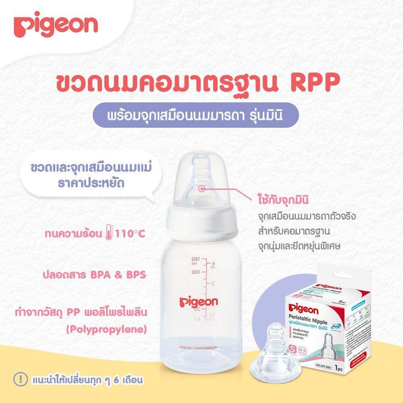 Pigeon พีเจ้น ขวดนมคอมาตรฐาน ขวดนม RPP พร้อมจุกนม รุ่นมินิ ขวดนมคอแคบ (4 ออนซ์+จุกมินิ S / 8 ออนซ์ +จุกมินิ M) ขวดนมเด็ก ขวดนมพีเจ้น