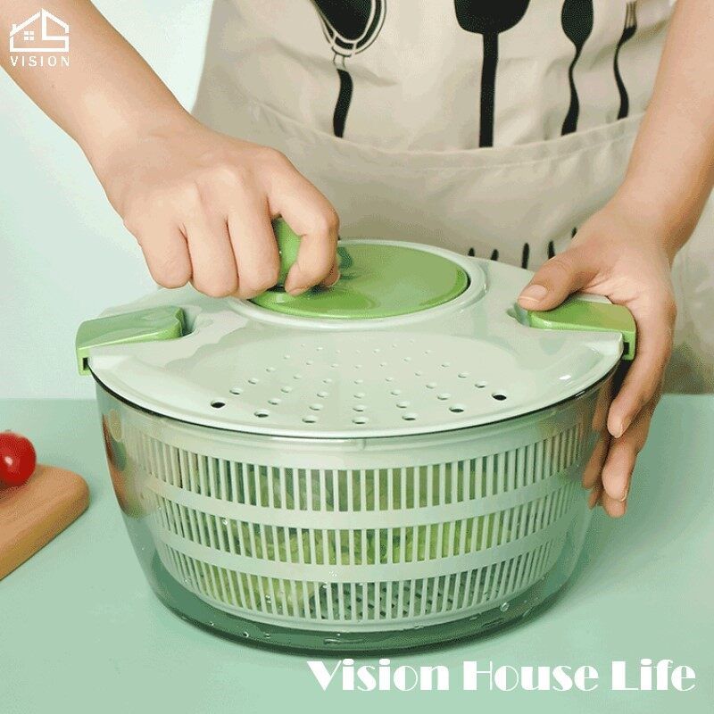 Vision ผักผลไม้ตะกร้าระบายน้ำ Multifunctional Dehydrator ด้วยตนเองเครื่องคลุกสลัดในครัวเรือนเครื่องเป่าผมตะกร้า Shake อุปกรณ์ทำครัวพลาสติก Spinner