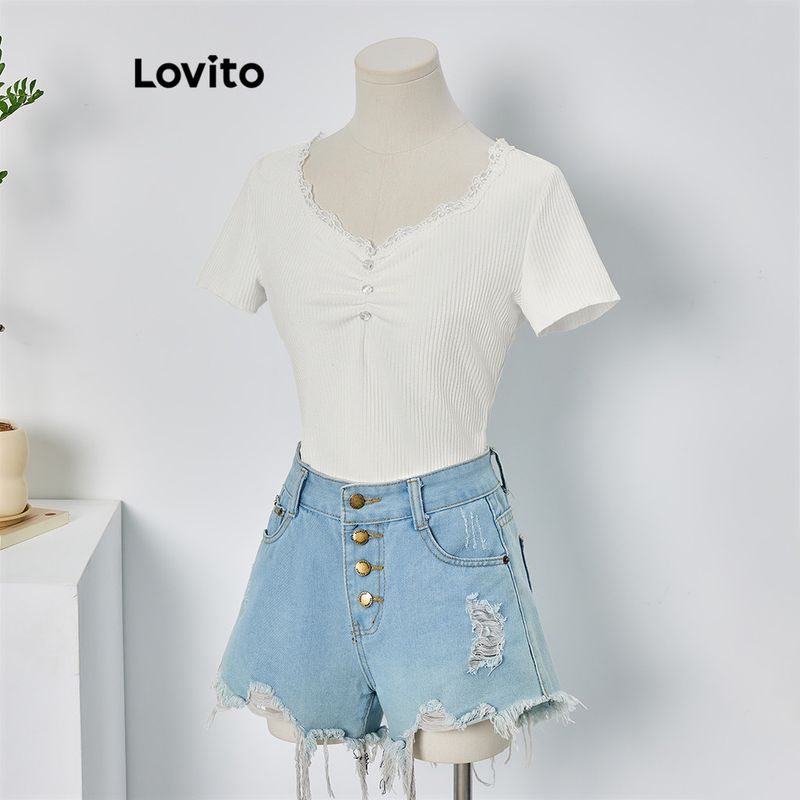 Lovito เสื้อยืด ลำลอง สีพื้น ลูกไม้ แต่งพลีท กระดุม สำหรับสตรี L70AD021 (สีขาว/สีดำ)