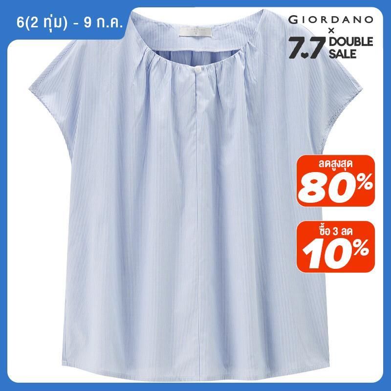 GIORDANO Women Shirts Lightweight Pleated Crewneck Summer Shirts Smooth French Sleeve Simple Fashion Casual Shirts 13344211