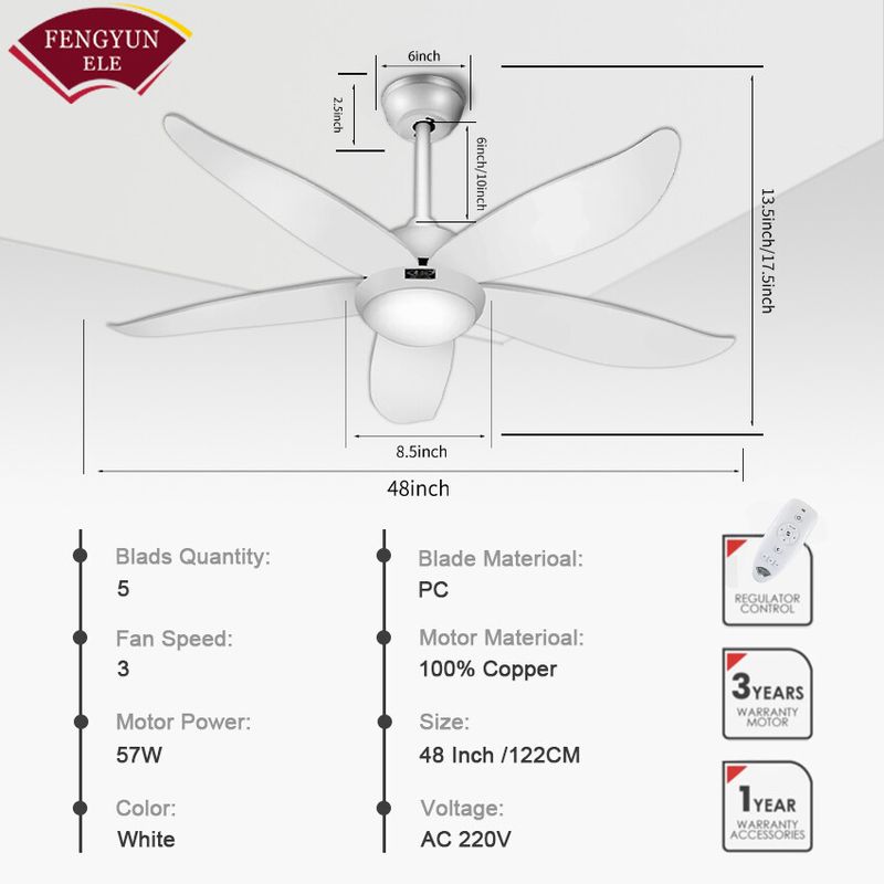 Fengyun พัดลมเพดานพร้อมไฟ 48" รีโมทคอนโทรลพัดลมเพดาน 3 ความเร็ว/3 สีไฟ LED/หมุนย้อนกลับ/จับเวลาสำหรับห้องนั่งเล่น ห้องนอน ห้องครัว (5 ใบมีด)